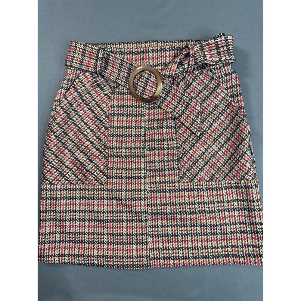 Altar'd State Plaid‎ Belted Mini Skirt Red Black Tan XS Pocketed A-Line